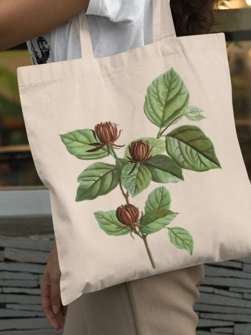 Carolina Allspice Vintage Botanical Print Graphic Canvas Tote Bag
